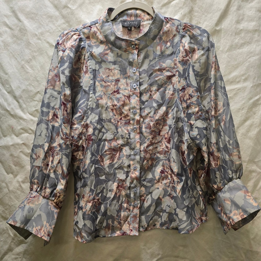 GRACIA Gray Sheer‎ Floral Balloon Sleeve Button Up Blouse Women Size Large